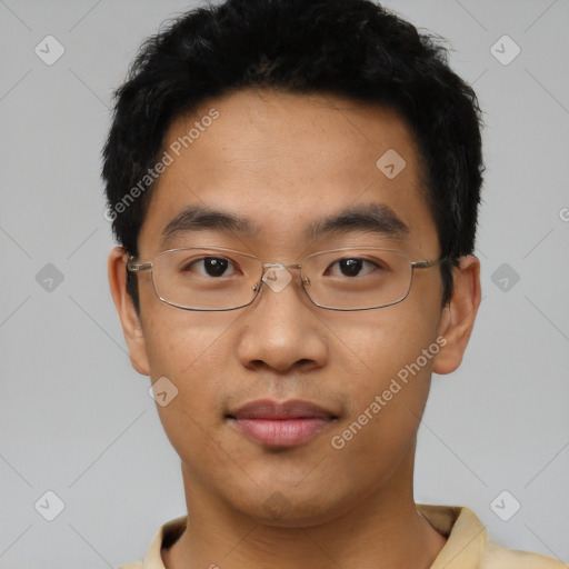 Neutral asian young-adult male with short  black hair and brown eyes