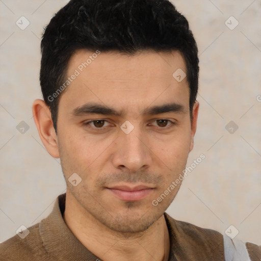 Neutral asian young-adult male with short  black hair and brown eyes