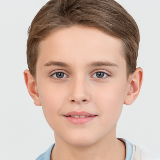 Joyful white child female with short  brown hair and brown eyes