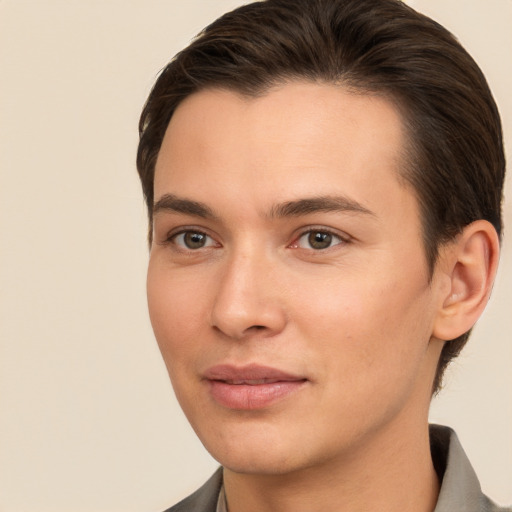 Neutral white young-adult male with short  brown hair and brown eyes