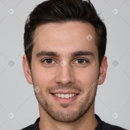 Joyful white young-adult male with short  brown hair and brown eyes