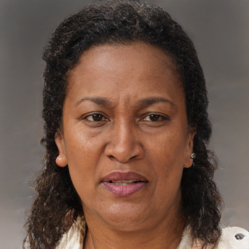 Joyful black adult female with medium  brown hair and brown eyes