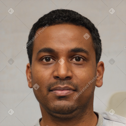 Neutral latino young-adult male with short  black hair and brown eyes