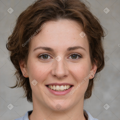 Joyful white young-adult female with medium  brown hair and green eyes