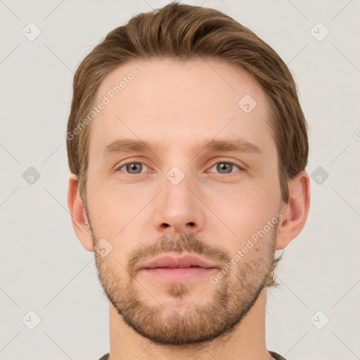 Neutral white young-adult male with short  brown hair and grey eyes