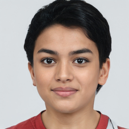 Joyful latino young-adult female with short  black hair and brown eyes