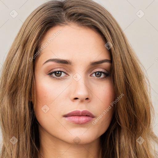 Neutral white young-adult female with long  brown hair and brown eyes