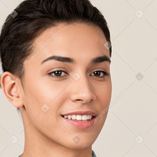 Joyful white young-adult female with short  brown hair and brown eyes