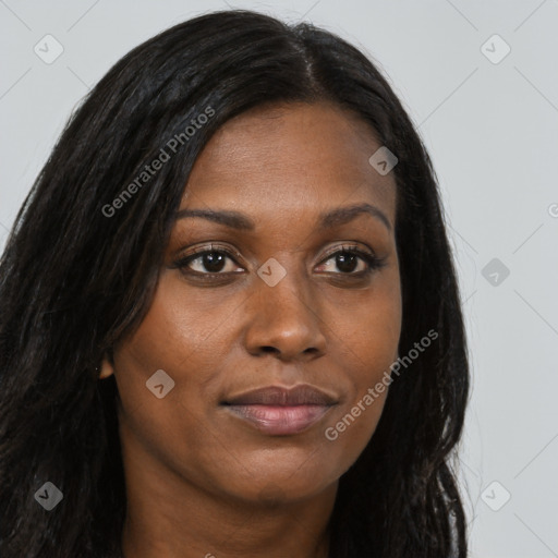 Joyful asian young-adult female with long  brown hair and brown eyes