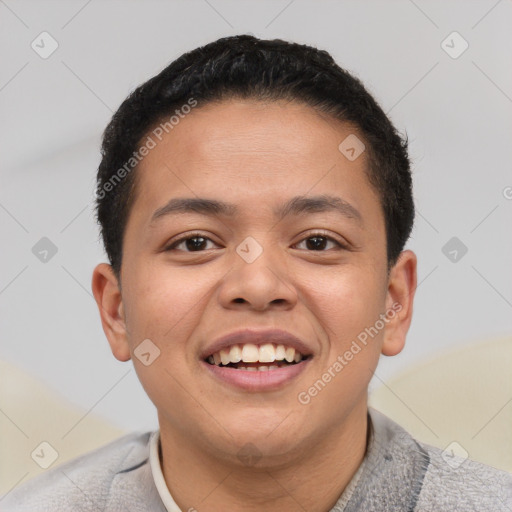 Joyful latino young-adult male with short  brown hair and brown eyes