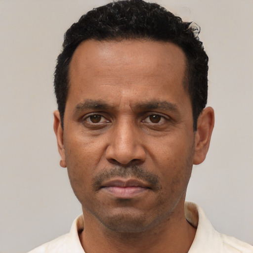 Neutral latino adult male with short  black hair and brown eyes