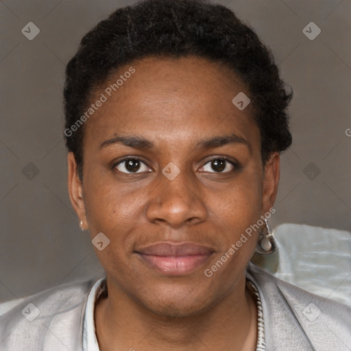 Joyful black young-adult female with short  brown hair and brown eyes