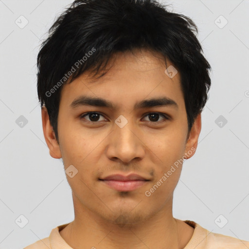 Joyful asian young-adult male with short  black hair and brown eyes