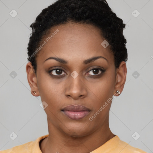 Neutral latino young-adult female with short  black hair and brown eyes