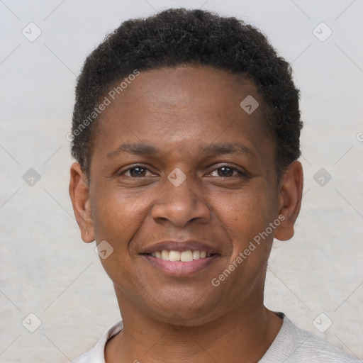 Joyful black young-adult male with short  brown hair and brown eyes