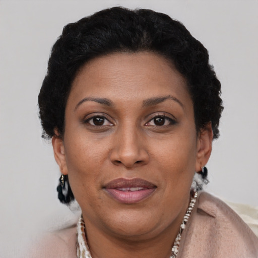 Joyful black adult female with short  brown hair and brown eyes