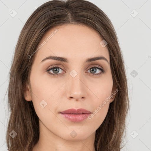 Neutral white young-adult female with long  brown hair and brown eyes