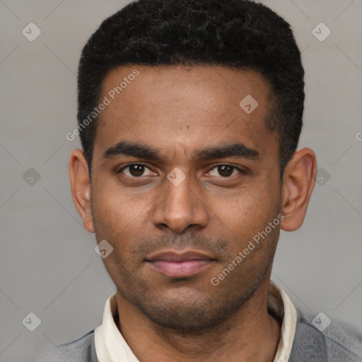 Neutral latino young-adult male with short  black hair and brown eyes