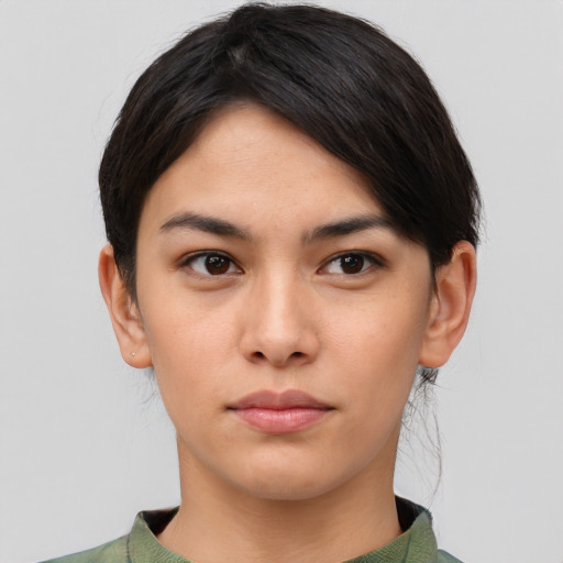 Neutral asian young-adult female with short  black hair and brown eyes