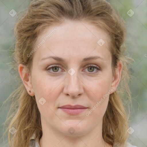 Joyful white young-adult female with medium  brown hair and green eyes