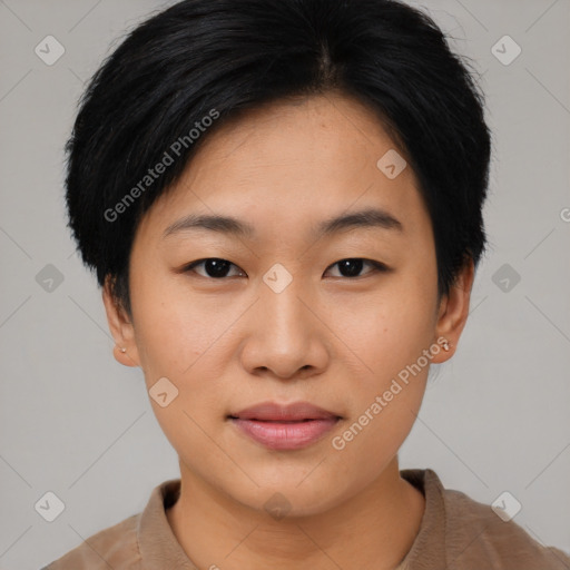 Joyful asian young-adult female with short  black hair and brown eyes