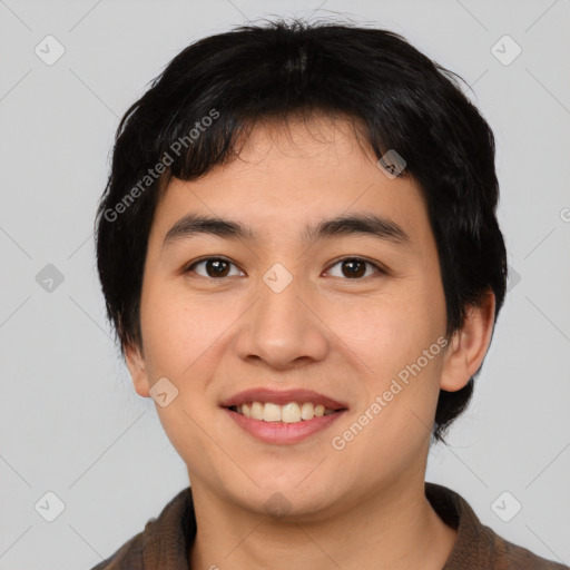 Joyful asian young-adult male with medium  brown hair and brown eyes