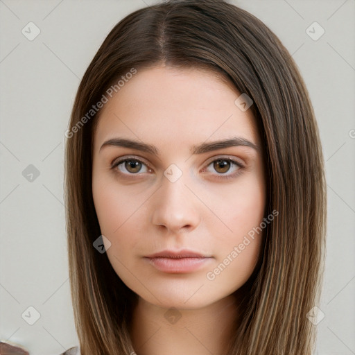 Neutral white young-adult female with long  brown hair and brown eyes