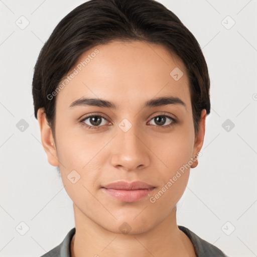 Joyful white young-adult female with medium  brown hair and brown eyes