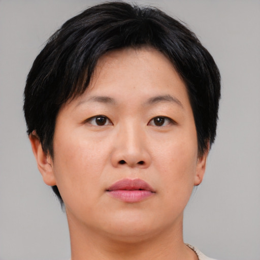 Neutral asian adult female with short  brown hair and brown eyes