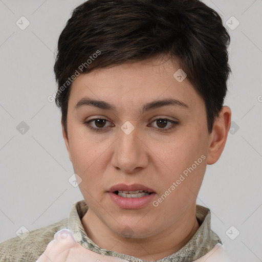 Joyful white young-adult female with short  brown hair and brown eyes