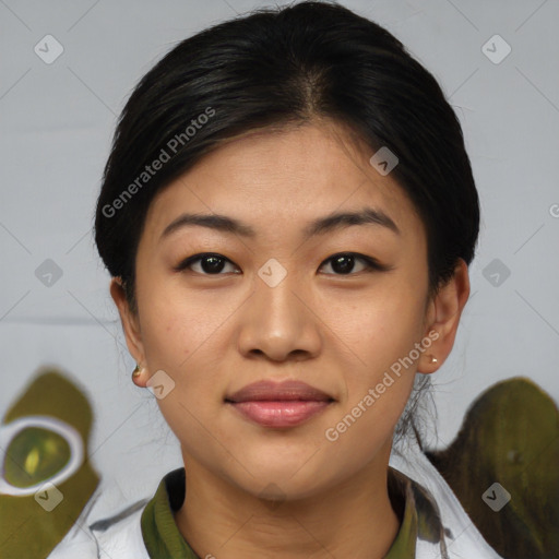 Joyful asian young-adult female with medium  brown hair and brown eyes