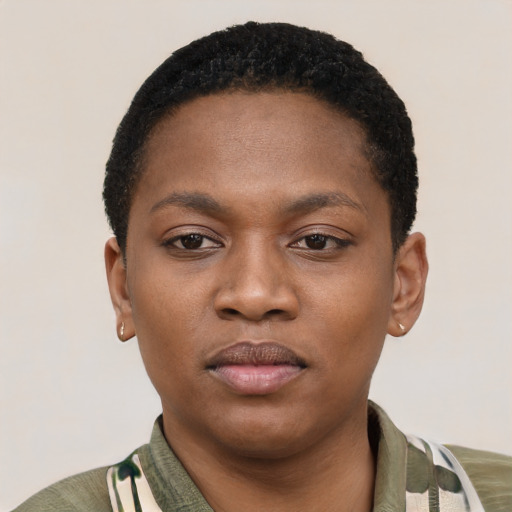 Neutral black young-adult female with short  black hair and brown eyes