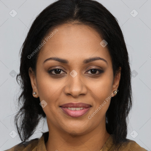 Joyful black young-adult female with long  brown hair and brown eyes