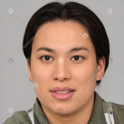 Joyful asian young-adult female with medium  brown hair and brown eyes