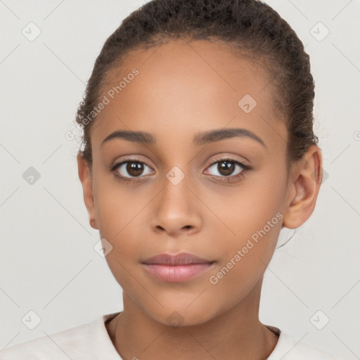 Neutral white young-adult female with short  brown hair and brown eyes