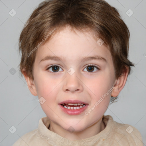 Joyful white child female with medium  brown hair and brown eyes