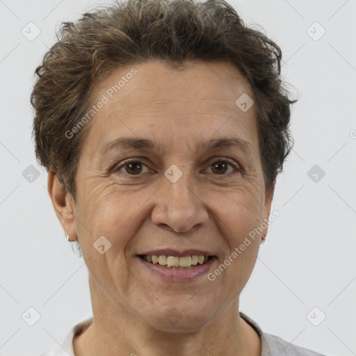 Joyful white adult female with short  brown hair and brown eyes