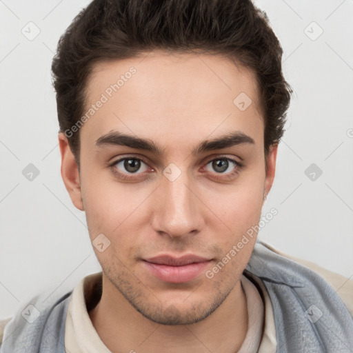 Neutral white young-adult male with short  brown hair and grey eyes