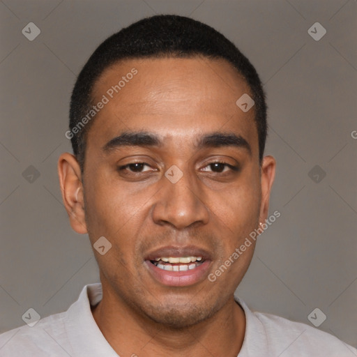Joyful black young-adult male with short  black hair and brown eyes