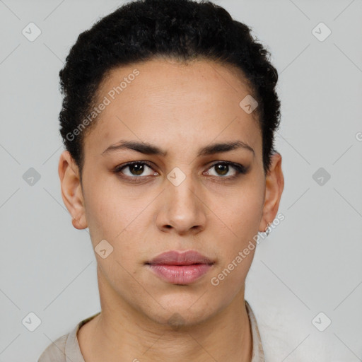 Neutral black young-adult female with short  brown hair and brown eyes