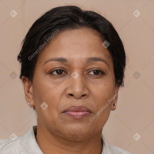 Joyful asian adult female with short  brown hair and brown eyes