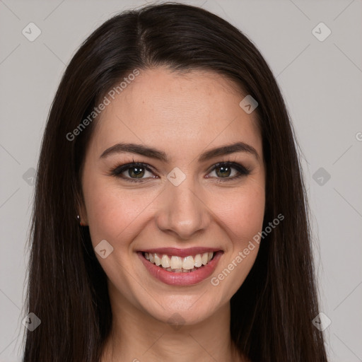 Joyful white young-adult female with long  brown hair and brown eyes