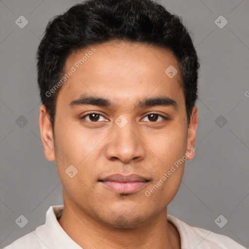 Neutral latino young-adult male with short  black hair and brown eyes