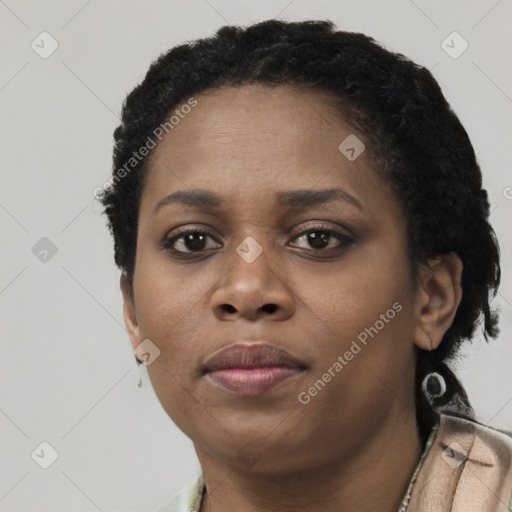 Neutral black young-adult female with short  black hair and brown eyes