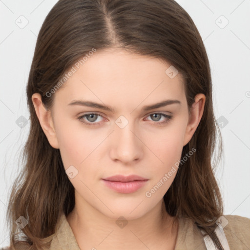 Neutral white young-adult female with medium  brown hair and brown eyes