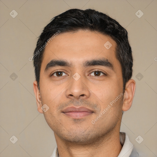 Neutral latino young-adult male with short  black hair and brown eyes