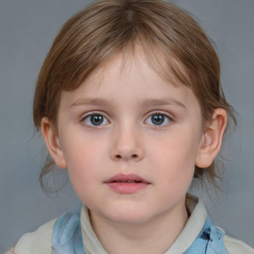 Neutral white child female with medium  brown hair and blue eyes