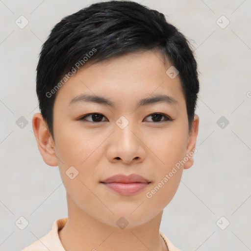 Joyful asian young-adult female with short  black hair and brown eyes