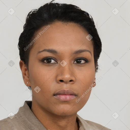 Neutral black young-adult female with short  brown hair and brown eyes