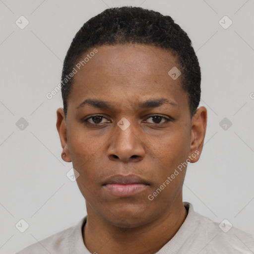 Neutral black young-adult female with short  black hair and brown eyes